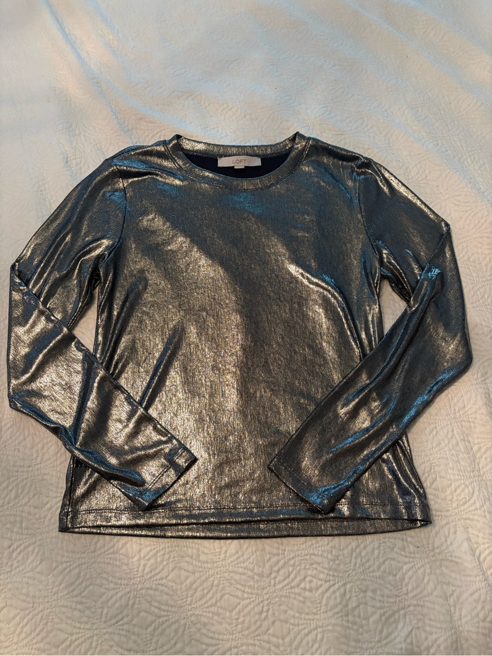 NWOT LOFT Metallic Silver Long-Sleeve Top sz M